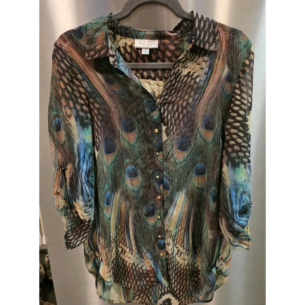 Vtg 90s Tunic M Peacock Feather Print Roll Side Slits Boho Festival Gold Buttons
